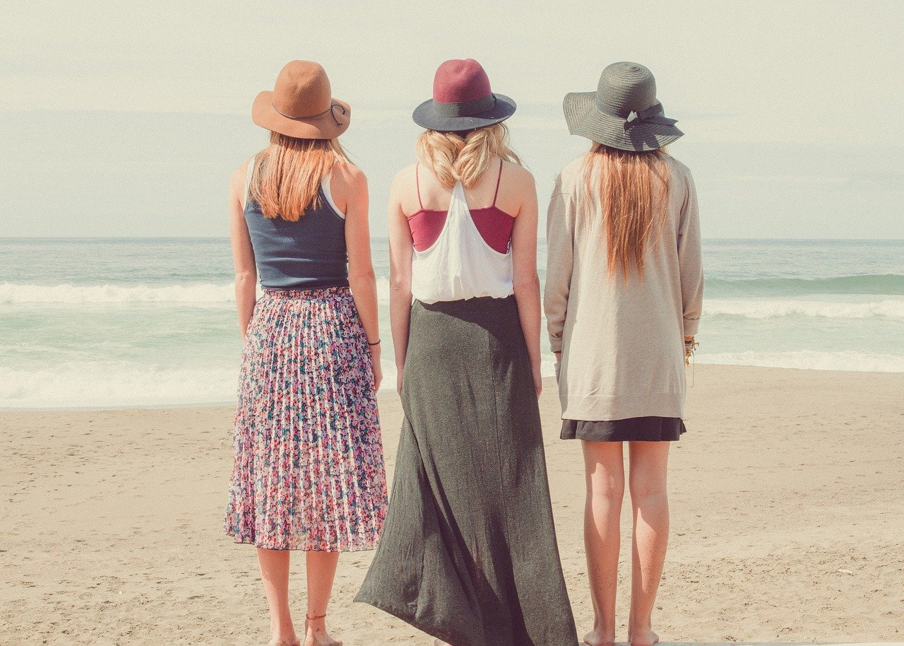 beach, women, shore, seashore, sand, sandy beach, friends, friendship, stand, standing, nature, together, fashion, style, stylish women, hats, summer, summer vacation, holiday, ocean, people, sea, water, three, models, women, women, women, women, women, friends, friends, friends, friends, friendship